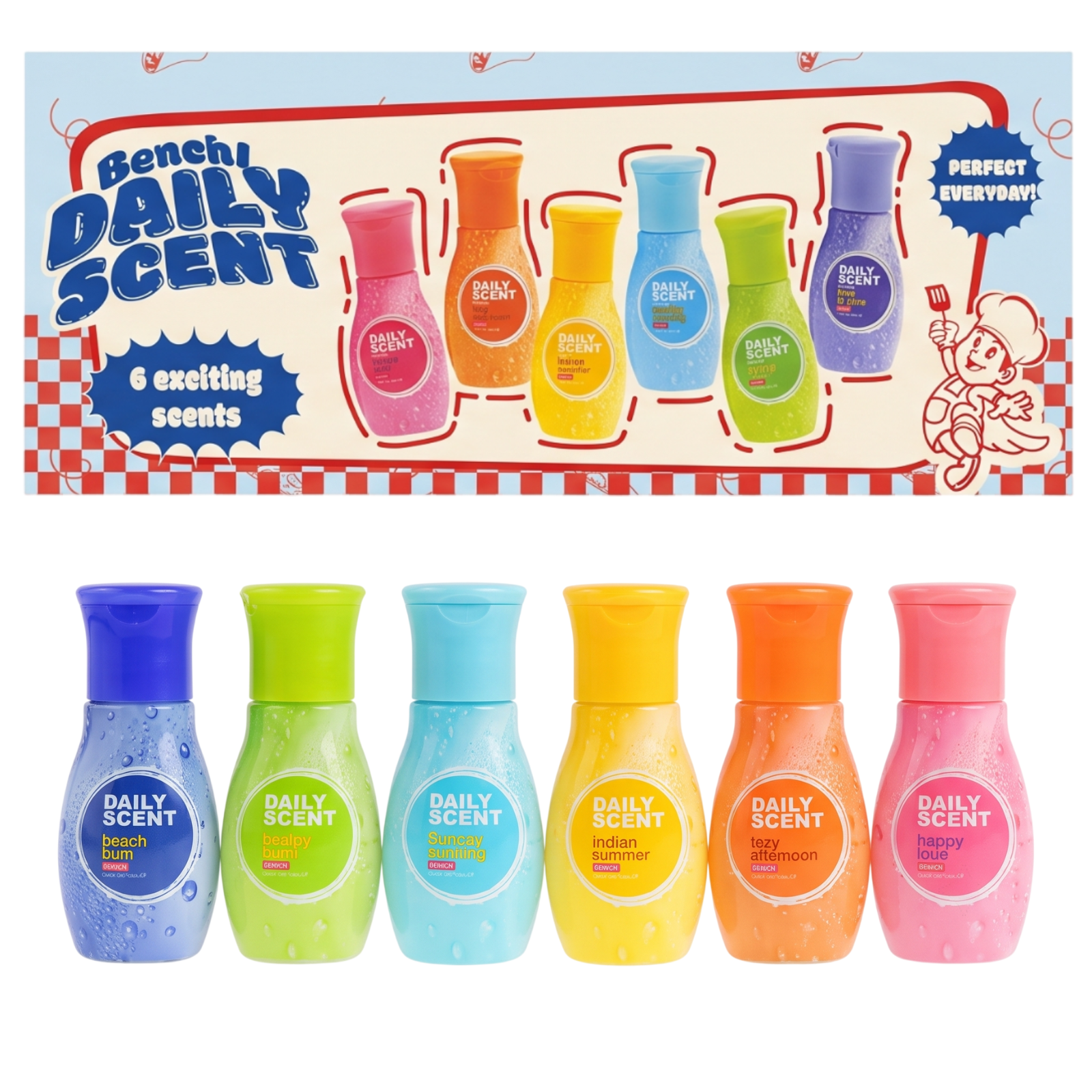 Untitled design - 2026-08-03T010609.848 بنش مجموعة كولونيا ديلي سينت 6 في 1 بألوان مختلفة (Bench Daily Scent 6 in 1 Set Different Colored Bottles) - الصورة 1