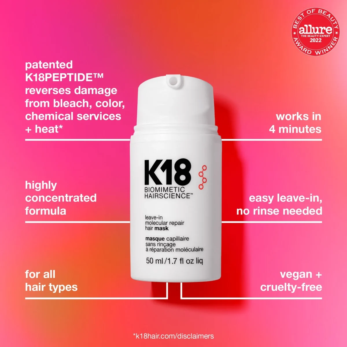 ⁦ماسك كي 18 للإصلاح الجزيئي للشعر (يُترك على الشعر) (K18 Biomimetic Hairscience Leave-in Molecular Repair Hair Mask) - 50 مل⁩ - الصورة ⁦3⁩