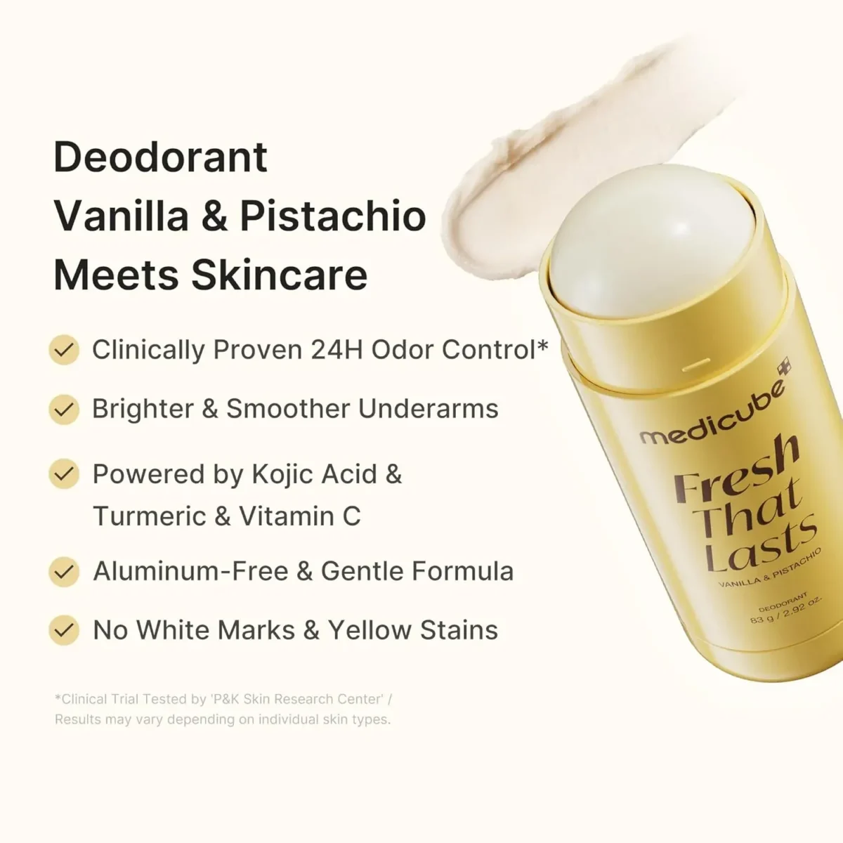⁦مزيل عرق مفتح بحمض الكوجيك برائحة الفانيليا والفستق من ميديكيوب (Medicube Fresh That Lasts Kojic Acid Brightening Deodorant) - 83 جم⁩ - الصورة ⁦5⁩