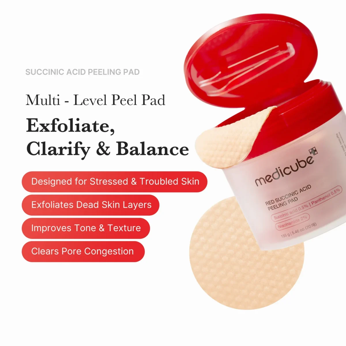 ⁦وسادات حمض السكسينيك والبانثينول لتهدئة البشرة من ميديكيوب (Medicube Red Succinic Acid Panthenol Pads) - 70 قطعة⁩ - الصورة ⁦4⁩