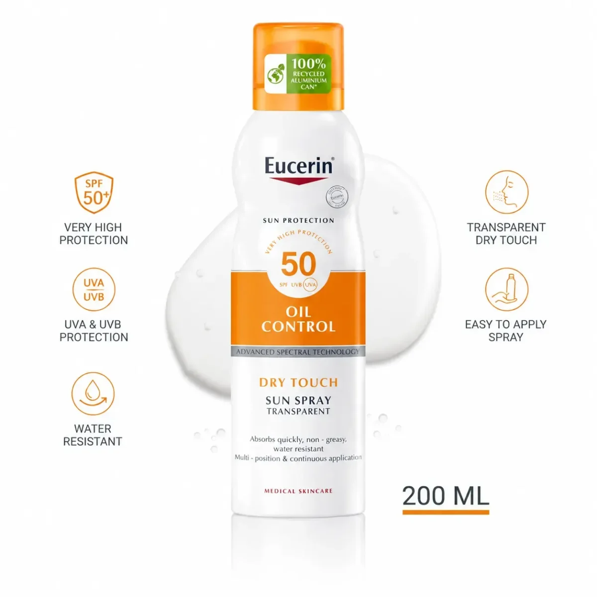 ⁦بخاخ واقي شمس يوسيرين الشفاف للتحكم بالدهون (Eucerin Sun Oil Control Dry Touch Sun Spray SPF 50) - 200 مل⁩ - الصورة ⁦2⁩
