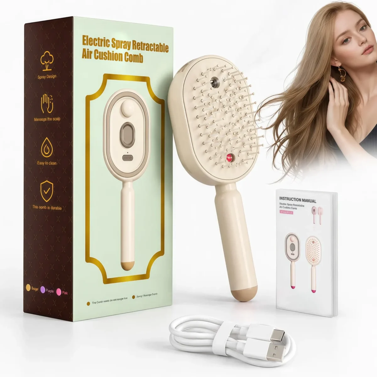 ⁦فرشاة مساج وفك التشابك الكهربائية 5 في 1 مع بخاخ مدمج وتنظيف ذاتي (Electric Spray Air Cushion Massage Comb)⁩ - الصورة ⁦9⁩