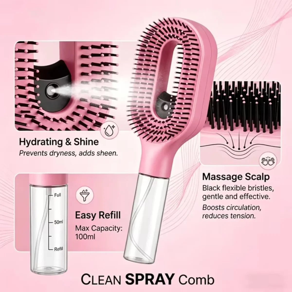 ⁦فرشاة فك التشابك وتصفيف الشعر مع بخاخ مدمج كلين سبراي كومب (Clean Spray Comb Detangling Mist Brush)⁩ - الصورة ⁦5⁩